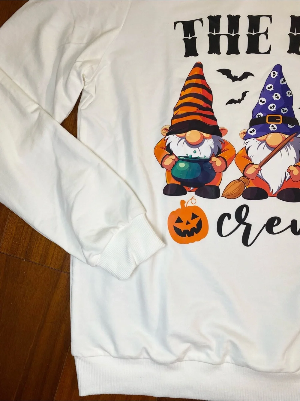 Men White Halloween Graphic Sweatshirt with Colorful Gnomes, Size M